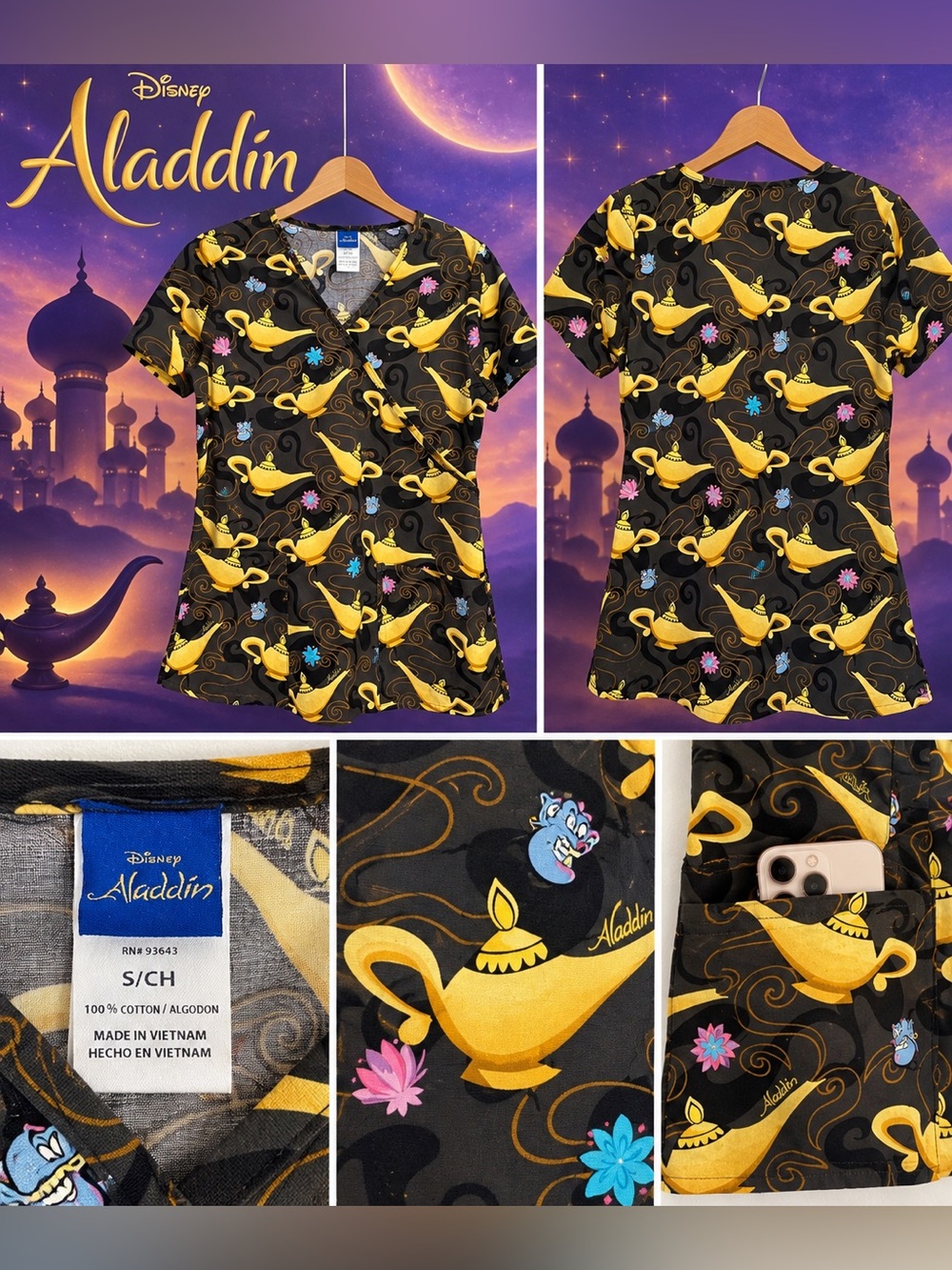 Disney Aladdin Genie Magic Lamp Black Scrub Top Size Small 100% Cotton